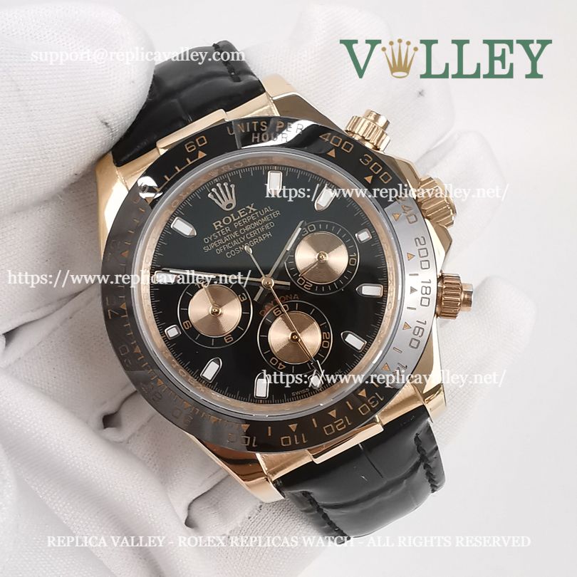 D651 Rolex Daytona 116515 Rose Gold Leather Black Dial