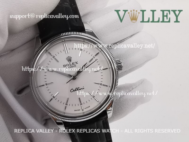 Cheap Rolex Cellini Time 50509 Black Leather Strap White Dial